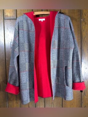 Bartolini Red Lined Black & White Plaid Open Cardigan Sweater (M)